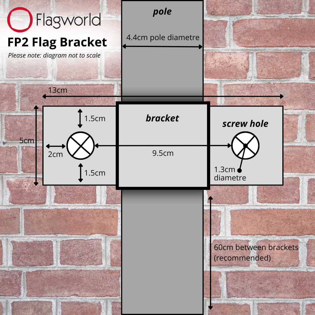 FP2 flag bracket dimensions diagram on brick wall