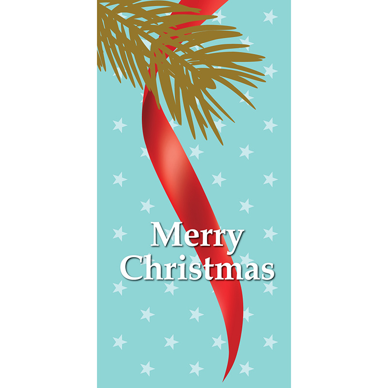 Merry Christmas Flag Light Blue Ribbon with Branch - Vertical