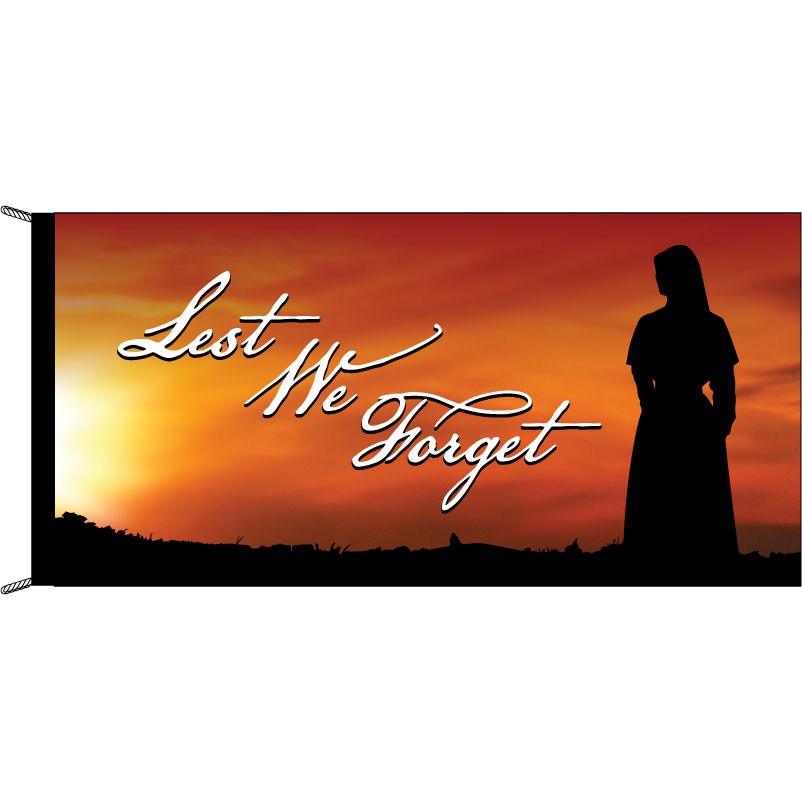 Silhouette with sunset and Lest We Forget text
