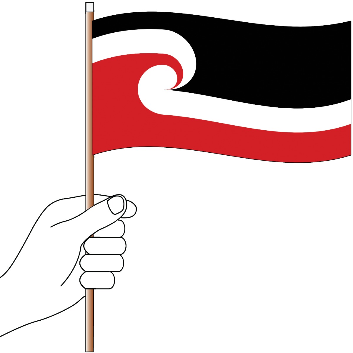 Hand holding a red, black, white flag