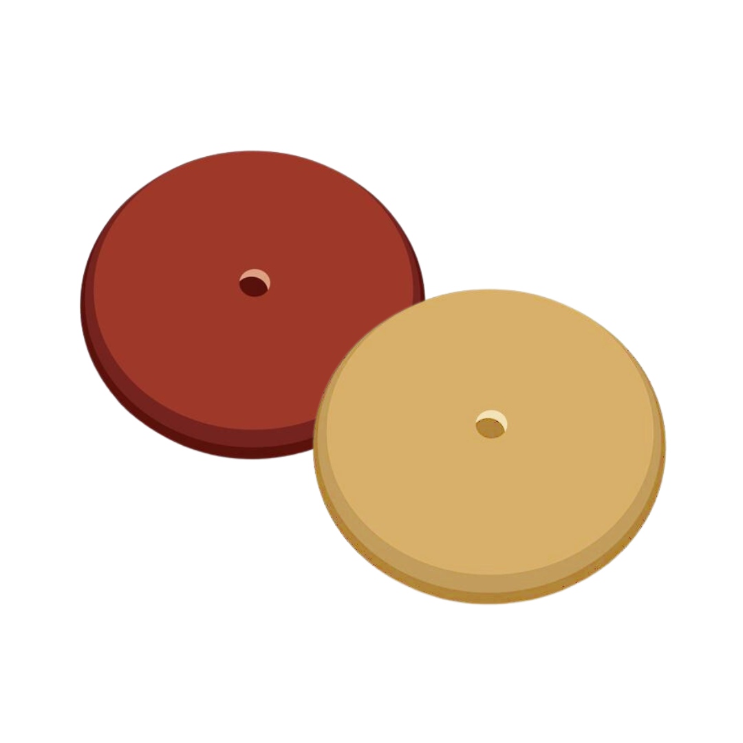 Two round tokens, red and beige, overlapping