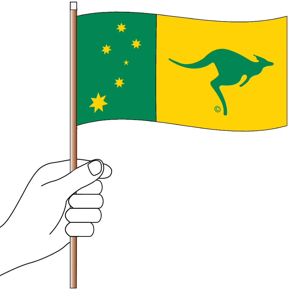 Hand holding green and yellow kangaroo flag