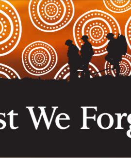 Silhouetted soldiers with Lest We Forget message