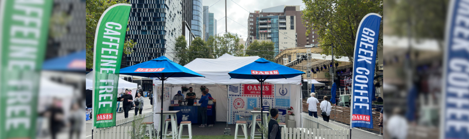 Outdoor booth serving Greek coffee and caffeine-free drinks