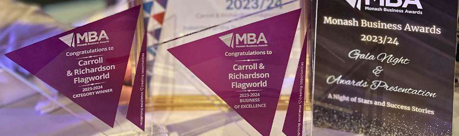 Monash Business Awards 2023 trophies on display