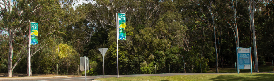 Eco Fest banners along a tree-lined road