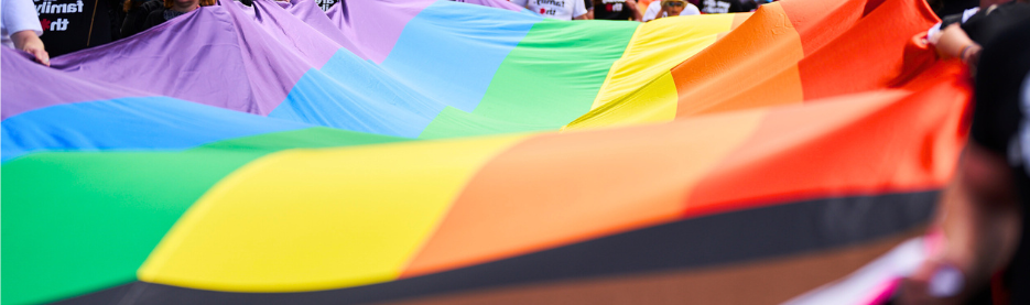 People holding a large rainbow pride flag
