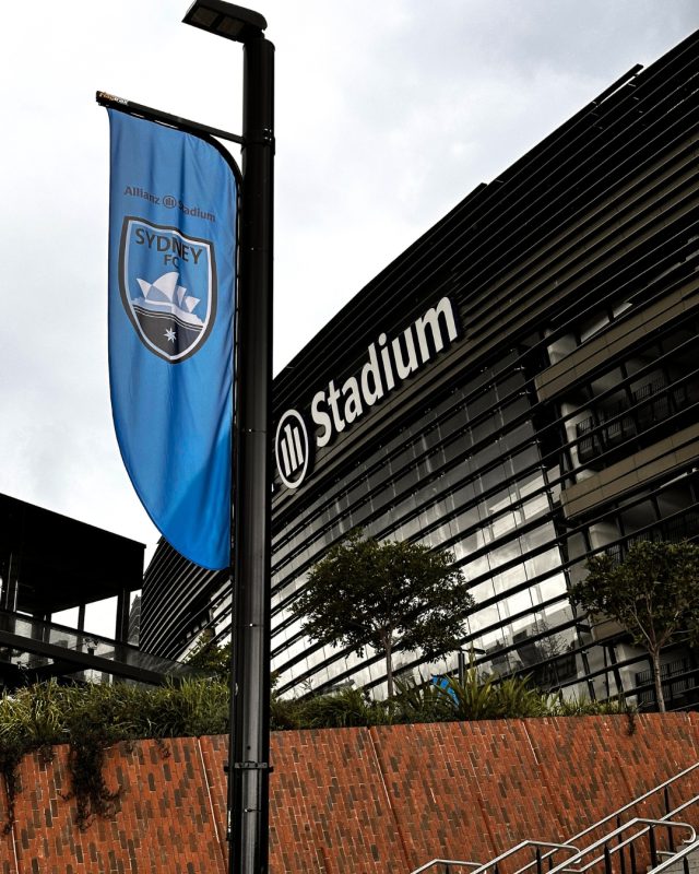 Sydney FC pole banner on a Flagtrax system outside Allianz Stadium, Sydney